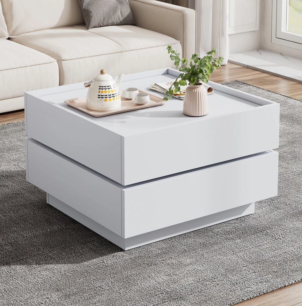 Tavolino da caffè bianco girevole a 360° con 2 cassetti, 60 × 60 × 38 cm