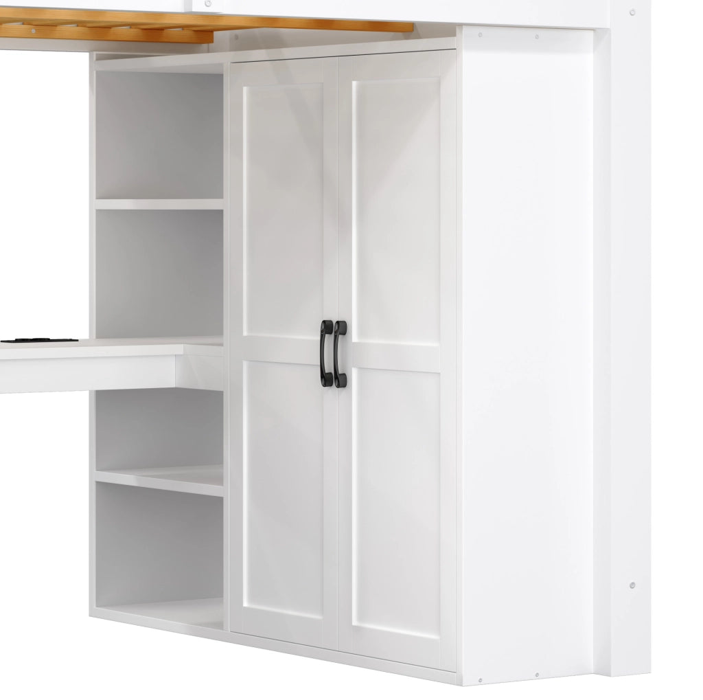 Letto a soppalco 140x200 cm con scrivania; armadio; scala contenitore; USB e LED; bianco