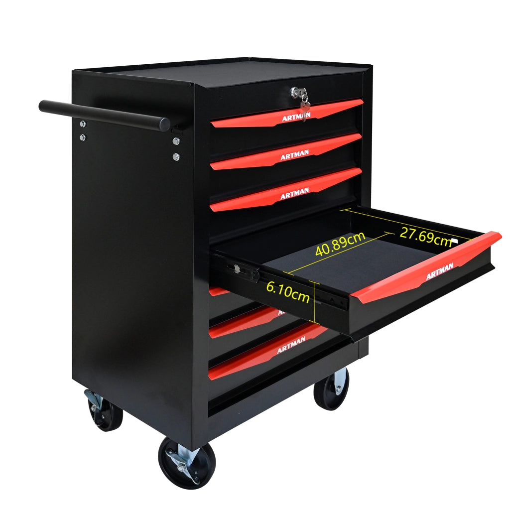 Mobile contenitore con 7 cassetti e serratura con guide a sfere; per garage e officina; in acciaio; nero rosso
