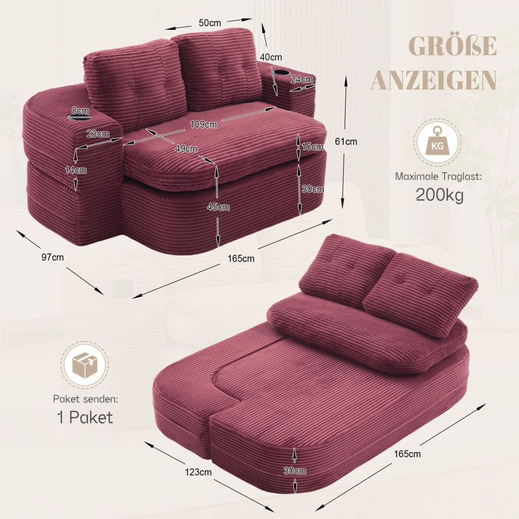 Poltrona letto 2 in 1 - con funzione relax e doppi portabicchieri - in corda - rosso vino
