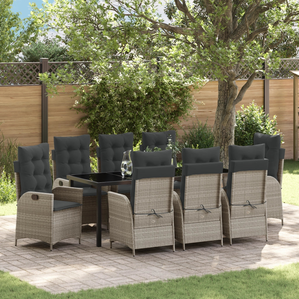Set da Pranzo Giardino 9 Pezzi con Cuscini Grigio Chiaro Polyrattan