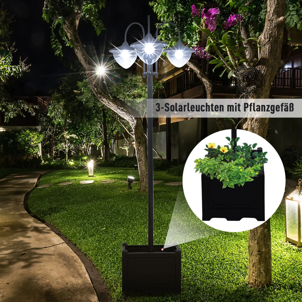 Lanterna Solare Da Giardino Tre Teste 60 X 55 X 189 Cm Plastica Nera Con Base Portavaso E Interruttore