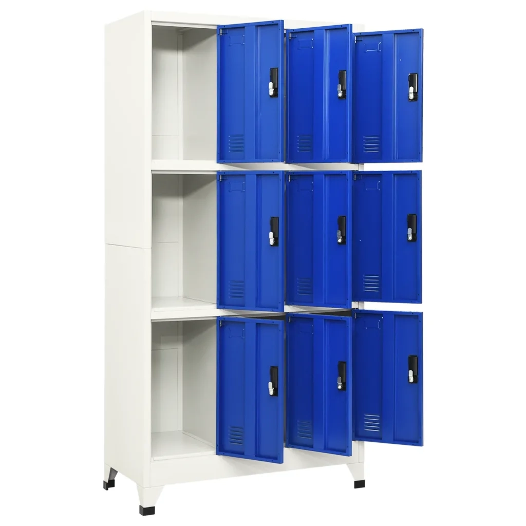 Armadio da ufficio moderno con serratura dimensioni 90 x 45 x 180 cm con 9 ante chiudibili a chiave in acciaio grigio codice 02_0047022.