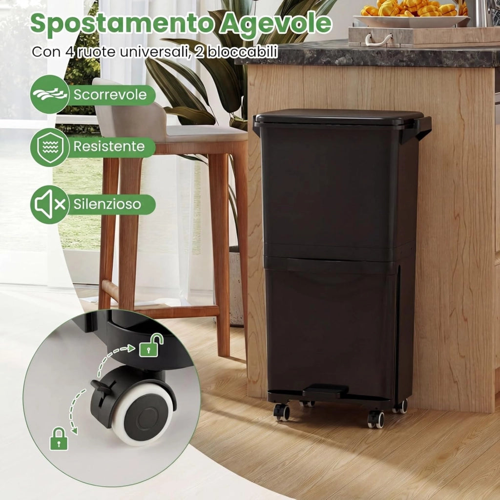 40L Pattumiera Differenziata a 3 Scomparti, Bidone per Spazzatura con Cestino Rimovibile e 4 Ruote, Secchio Rifiuti a Pedale per Cucina Sala da Pranzo Soggiorno (Nero)