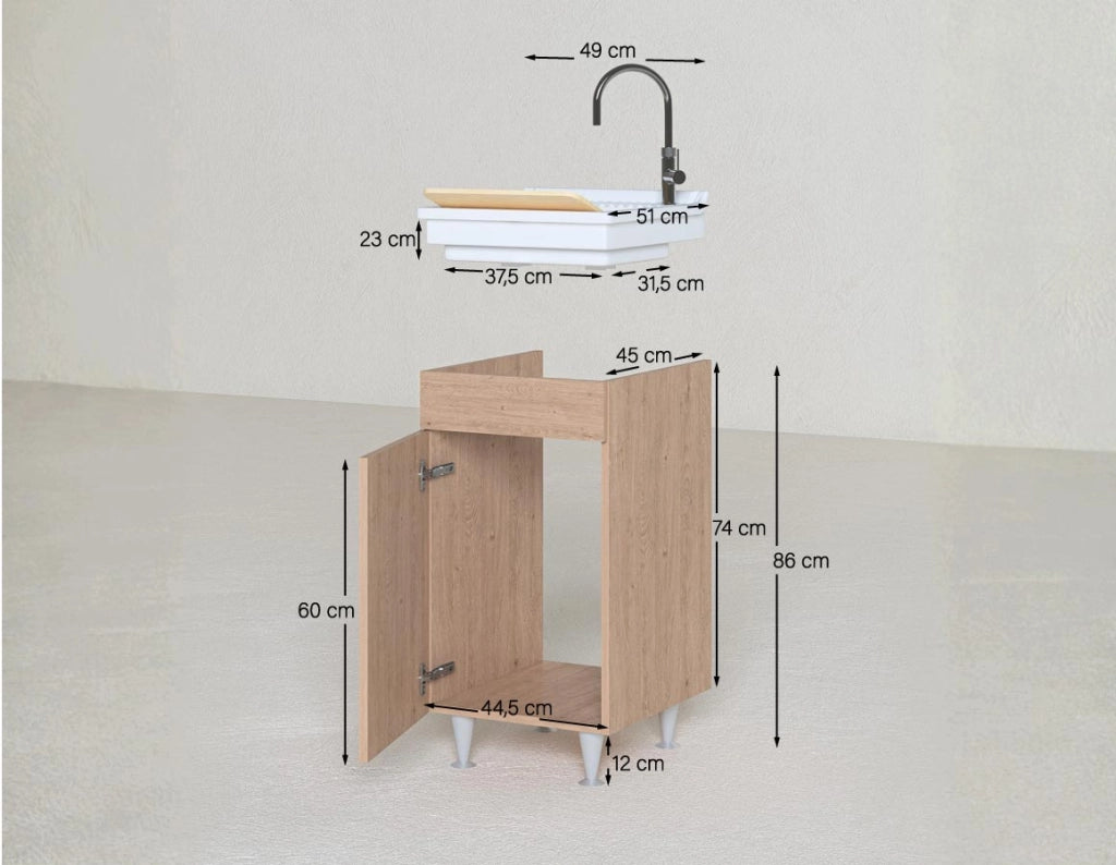 Mobile lavatoio Rose - Con 1 anta e lavatoio - Contenitore salvaspazio per bagno e lavanderia - Bianco - 49 x 89 x 51 cm_