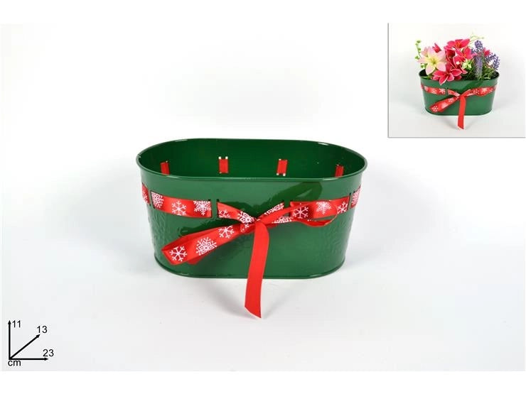 Cesto in Metallo Decorativo Natale Natalizio Verde con Nastro 23 x 11 cm