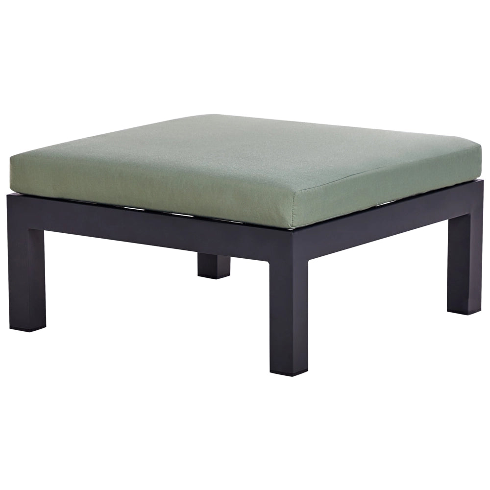 Set da giardino divano 5 posti e tavolo elevabile con struttura bianca e piano in vetro e cuscini nero e verde stile moderno scandinavo