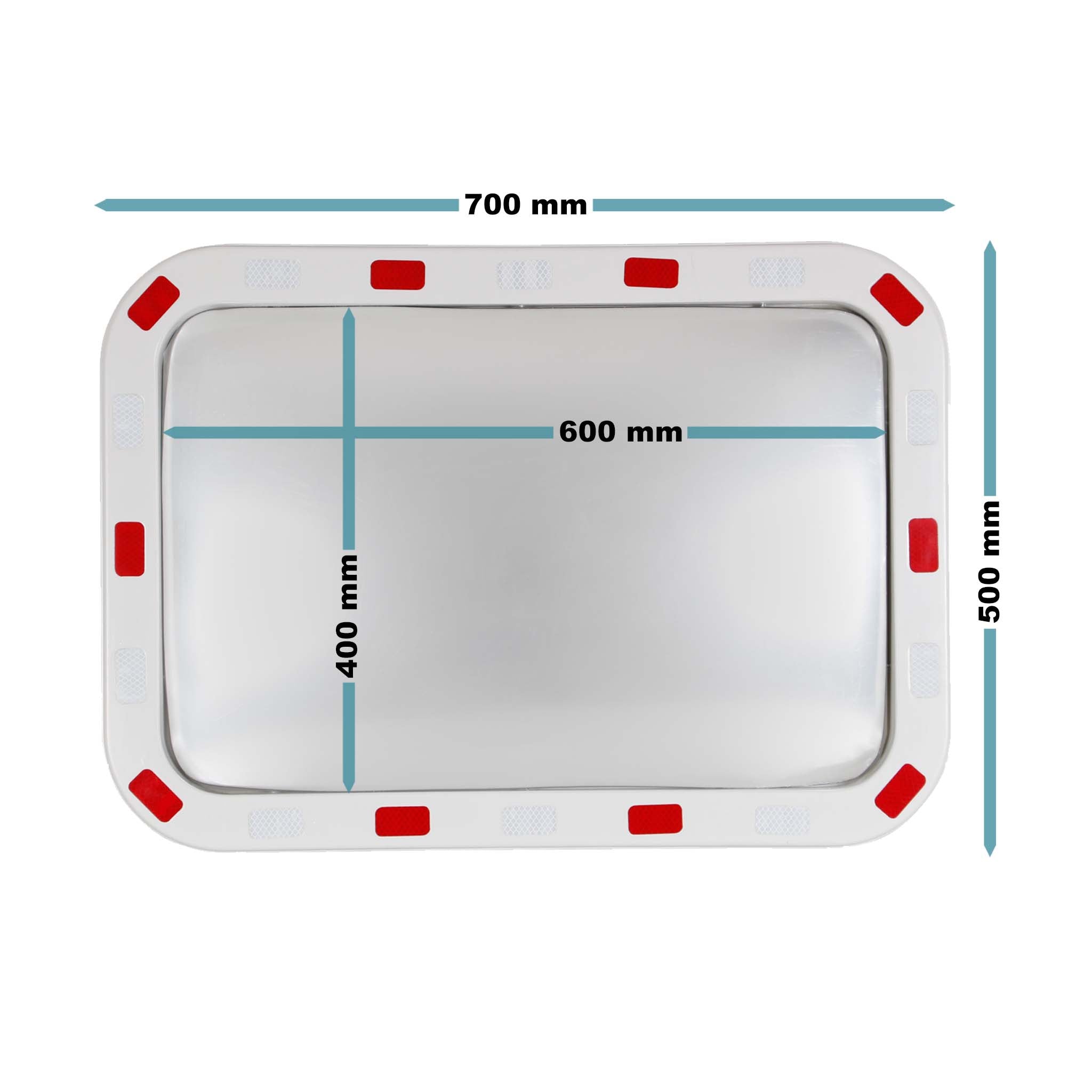 Specchio di sicurezza 50x70 cm infrangibile con strisce catarifrangenti bianche e rosse