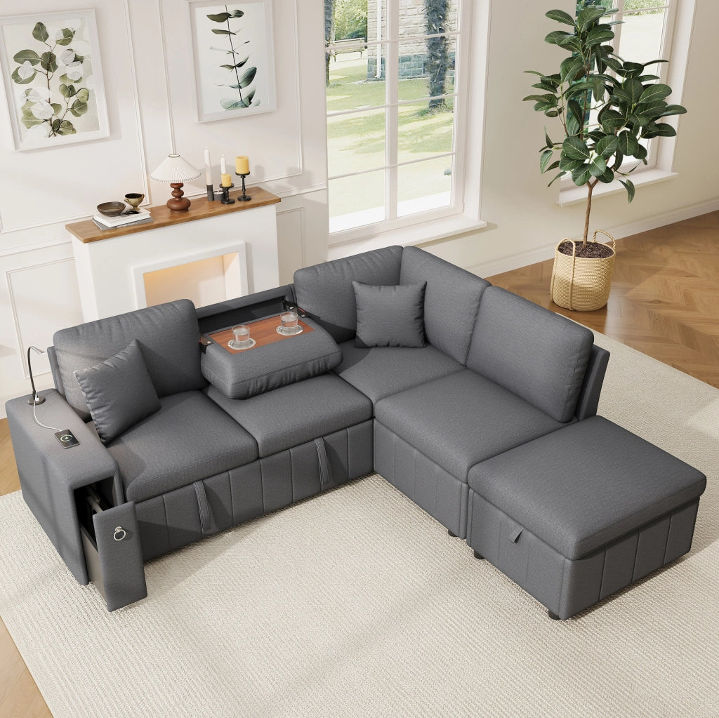 Divano angolare modulare 5 posti con letto estraibile; pouf contenitore; USB e Type-C; grigio