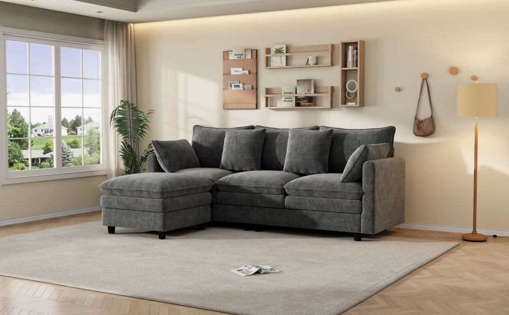 Divano angolare a L con chaise longue mobile, 3 posti, 212¡Á150¡Á90 cm, in tessuto Chenille grigio, portata fino a 120 kg