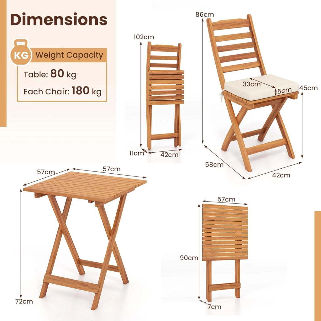 Set da bistrò da 3 pezzi, pieghevole, set da tavolo e 2 sedie in legno di acacia per giardino, set di sedute con cuscini e tavolo quadrato per terreza, balcone (listoni orizzontali)