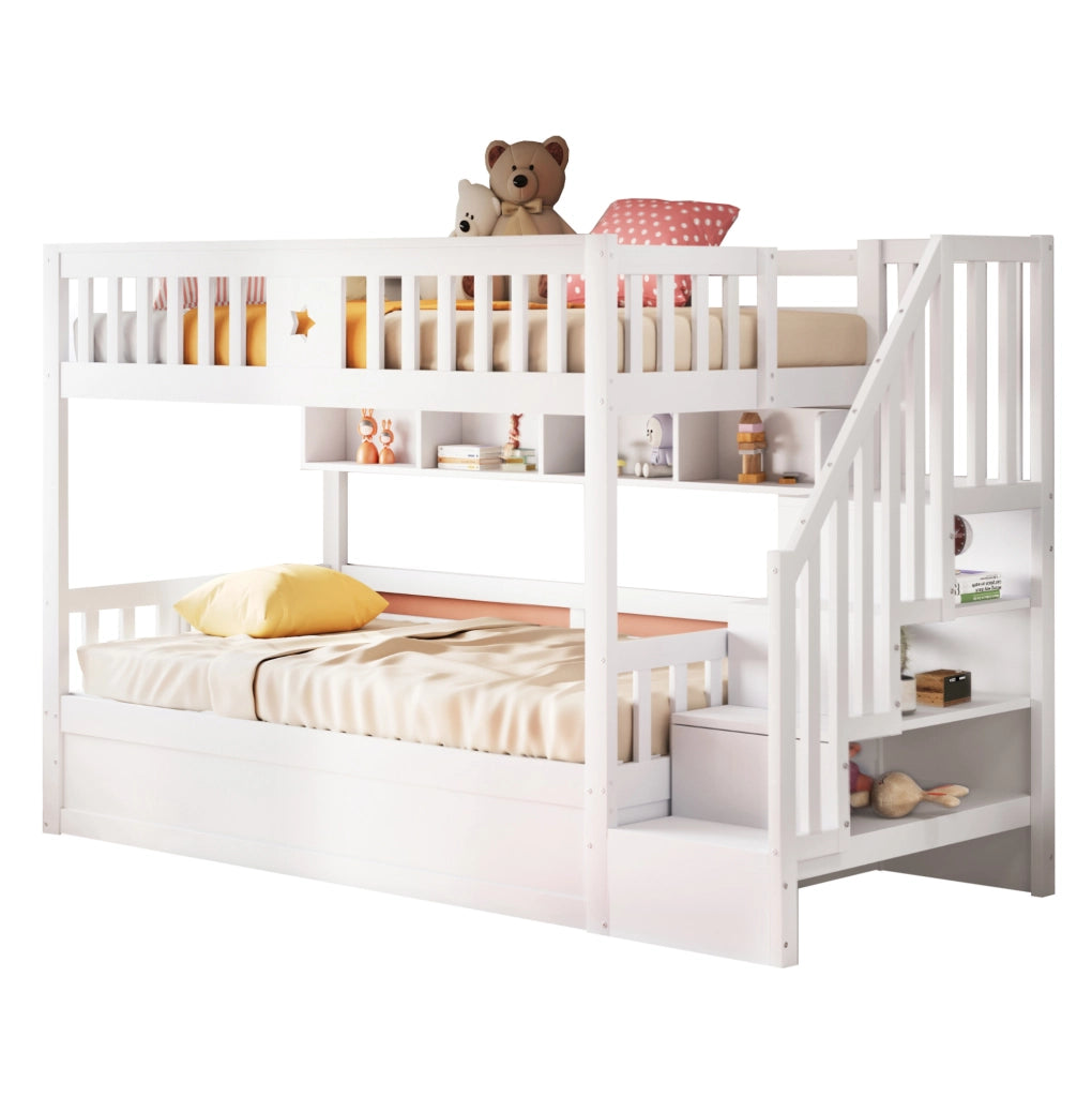 Letto a soppalco 90x200 cm con contenitore idraulico; scala e ripiani; bianco