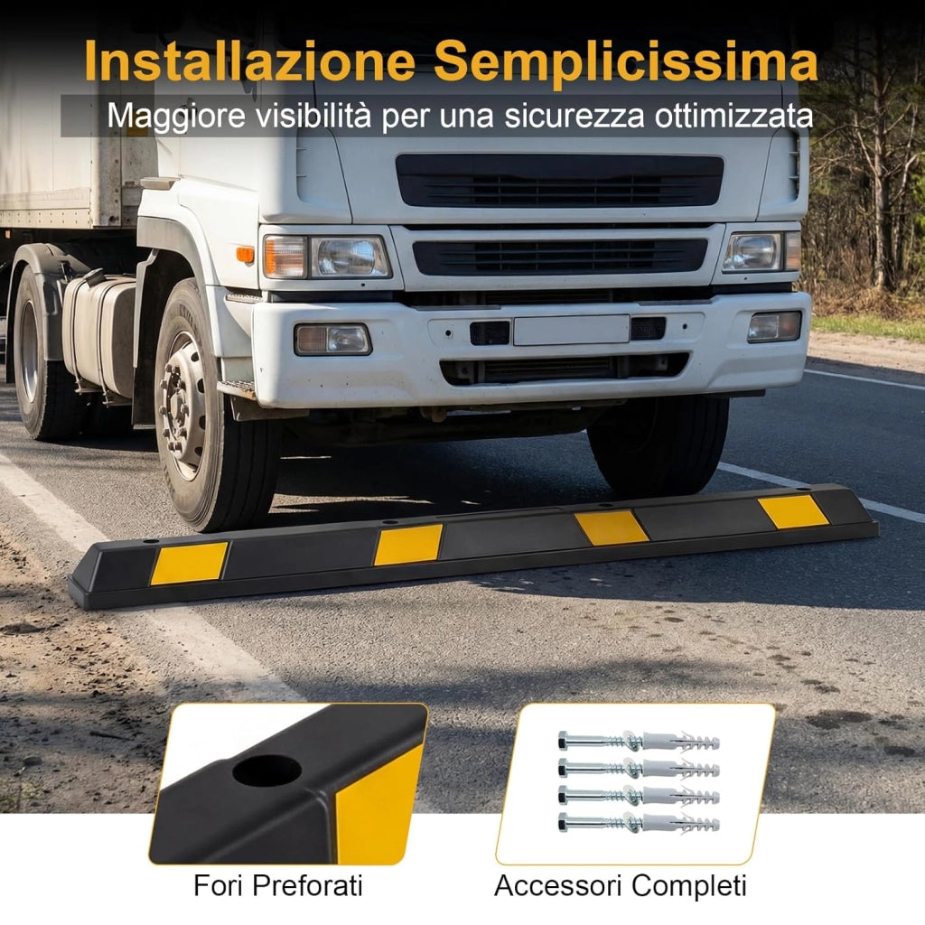 Ferma Ruota Garage in Gomma, Limitatore Blocco Parcheggio con Strisce Riflettenti e Antiscivolo, per Auto, Camper, Camion, Capacità di Carico di 3 Ton, 184 x 15 x 10 cm