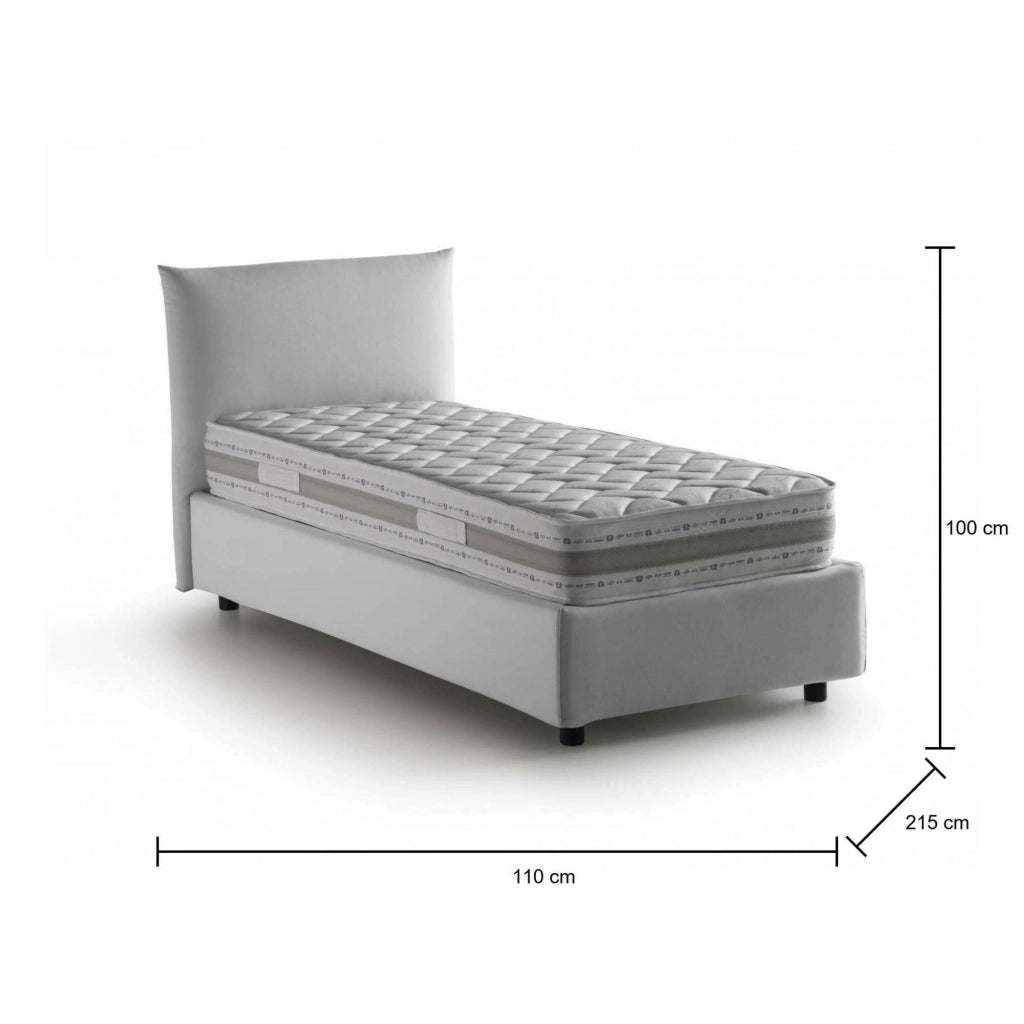 Letto singolo Azeglio, Letto contenitore con rivestimento in tessuto, 100% Made in Italy, Apertura frontale, con materasso Cm 80x190 incluso, Bianco