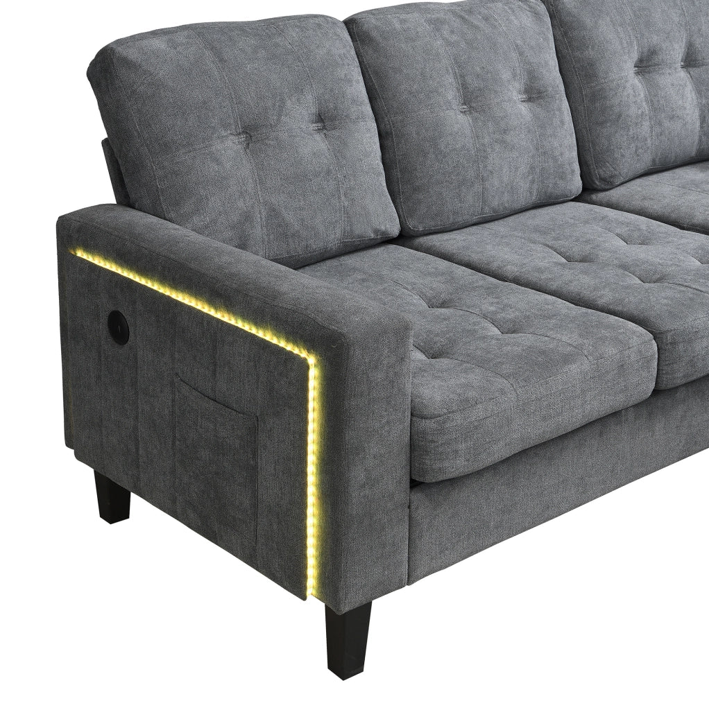 Divano letto modulare a L con pouf mobile; LED e USB; tessuto chenille grigio anticato