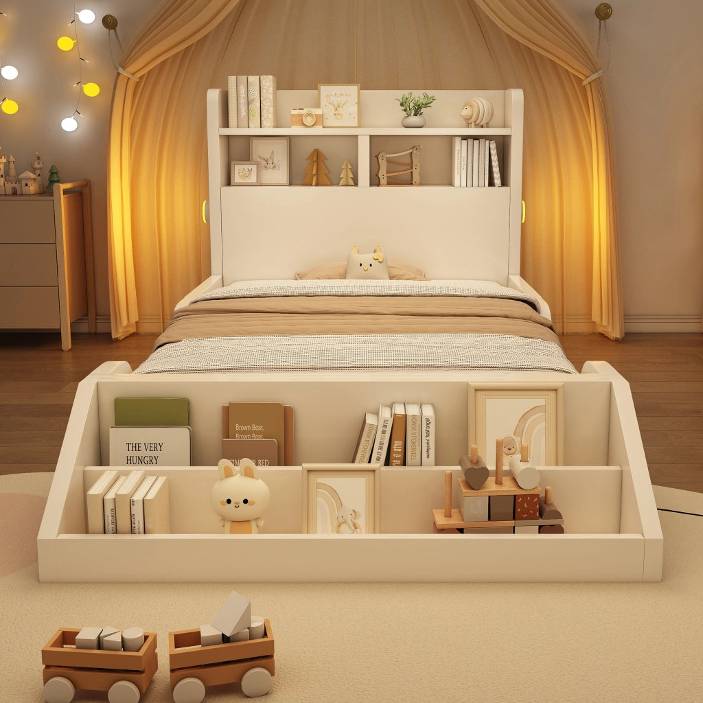 OKWISH Letto Bambino 90×200 cm, Letto Singolo con 2 Luci Notturne, Mensole e Libreria Rimovibile, senza Materasso, in Legno, Bianco