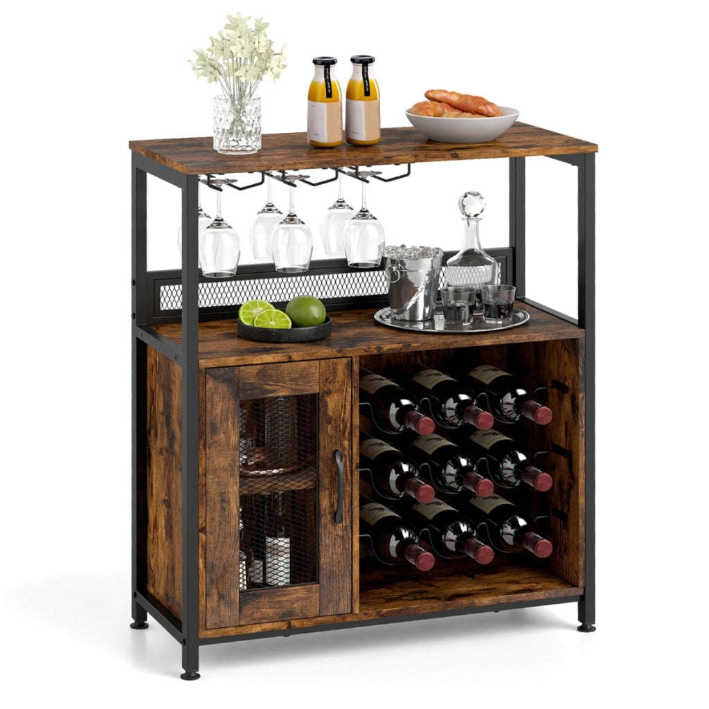 Armadietto con portabicchieri scaffale aperto e ripiano rimovibile-Buffet-Armadio da cucina Cantinetta porta bottiglie di vino Marrone