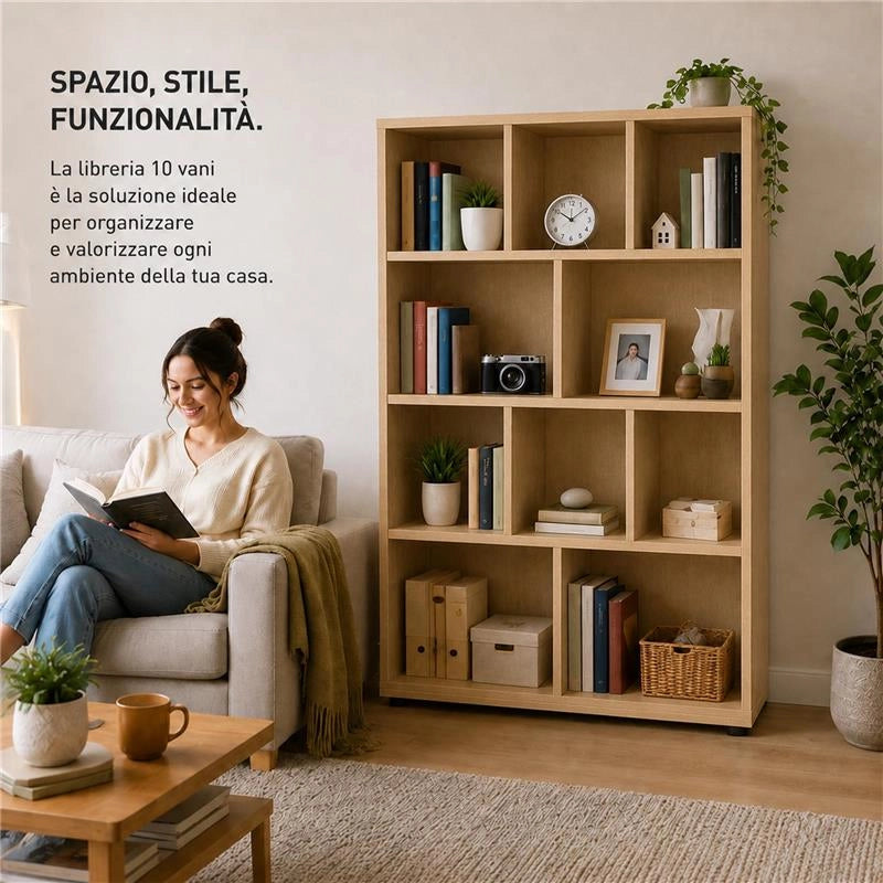 LIBRERIA IN LEGNO CON 10 RIPIANI COLORE ROVERE DIMENSIONI 90X30X140 CM