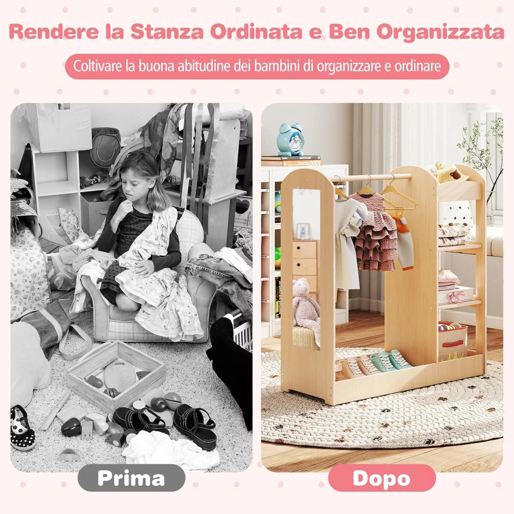 Guardaroba per Bambini in Legno, Mobile per Bambini con Specchio, Appendiabiti e Mensole, Armadio di Stoccaggio per Cameratta, 93,5 x 38 x 100 cm (Naturale)