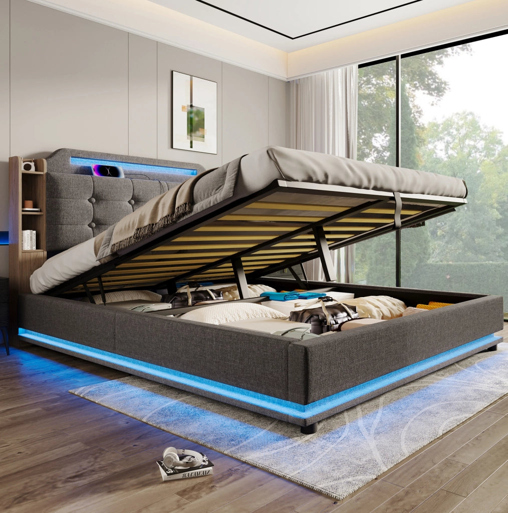 Letto imbottito 140 x 200 cm con illuminazione integrata e ricarica laterale
