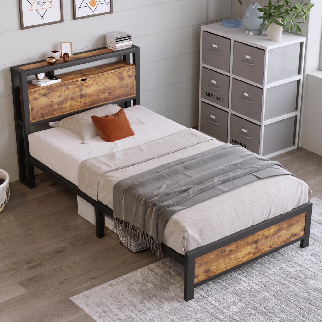 Letto singolo 90x200 cm in metallo e legno con testiera contenitore, struttura industriale, nero