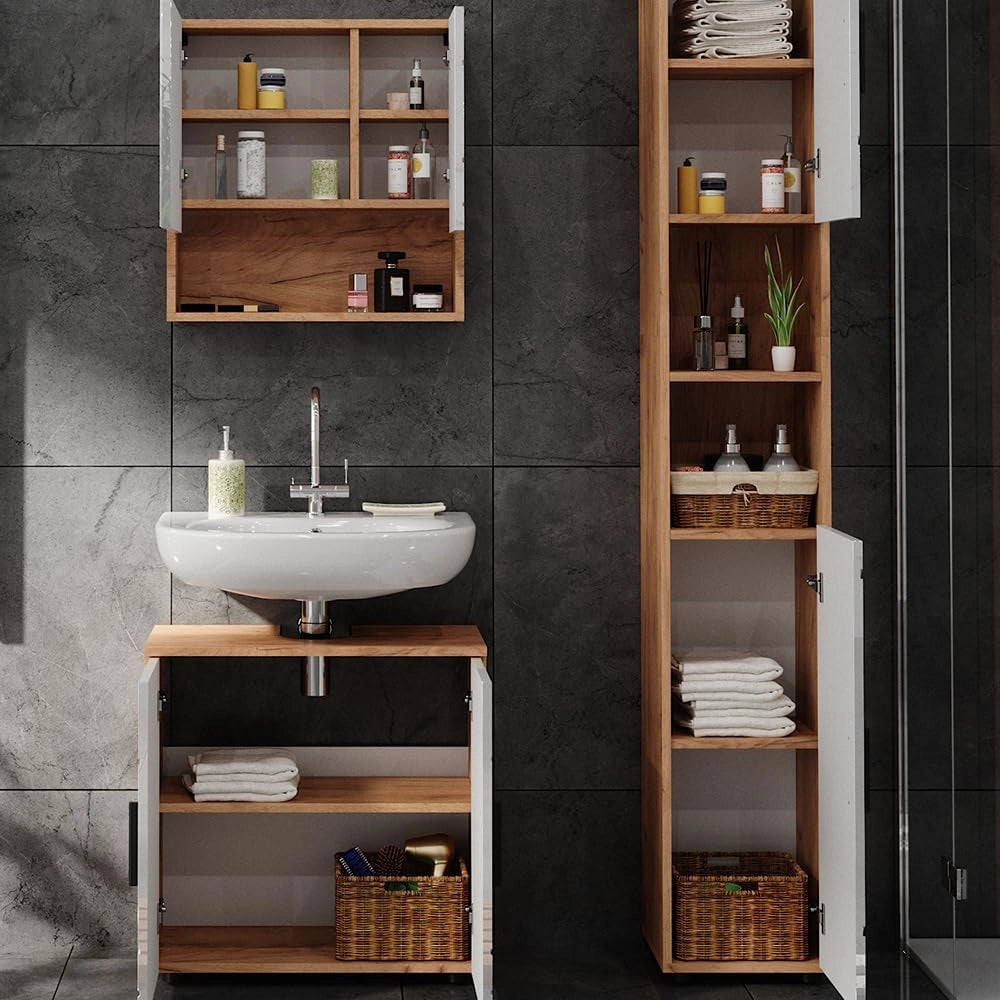 Set di mobili da bagno Irma, Bianco lucido/oro power oak, 80 cm, composto da mobile sottolavabo, specchiera e colonna alta