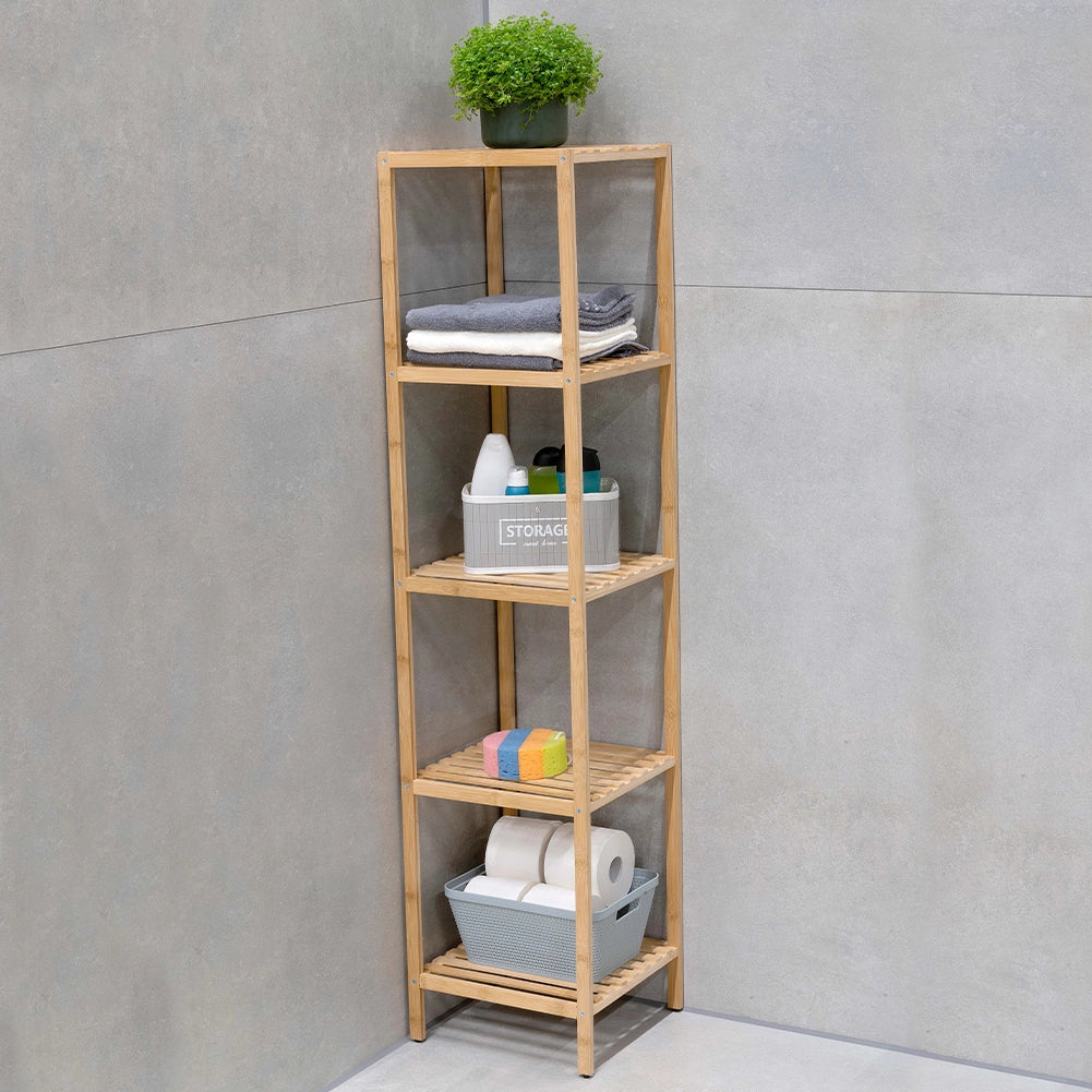 Scaffale a Colonna da Bagno 5 Ripiani Legno Bambù Armadio Organizer 32x33x141cm