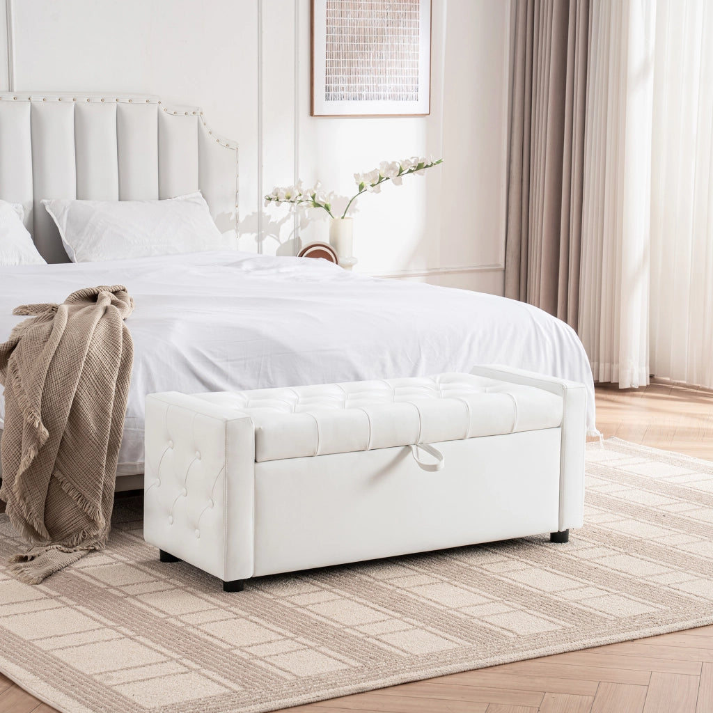 Panca contenitore rettangolare con seduta imbottita e vano portaoggetti, in legno e tessuto bianco 122 × 45 × 47 cm