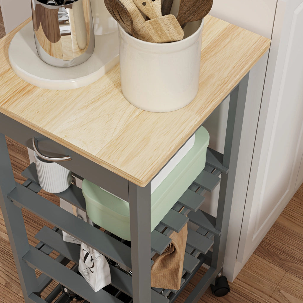 Carrello Portaoggetti Biel con Cassetto 3 Ripiani e Griglia Portabottiglie 76x37x37 cm - Grigio Scuro / Effetto Legno [en.casa]