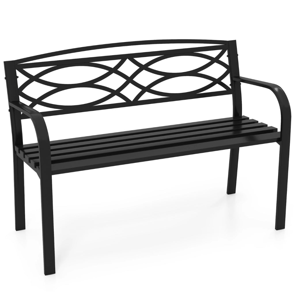 Divanetto in metallo resistente per 2 persone con braccioli e schienale curvati, Panchina da giardino 116 cm per giardini Nero