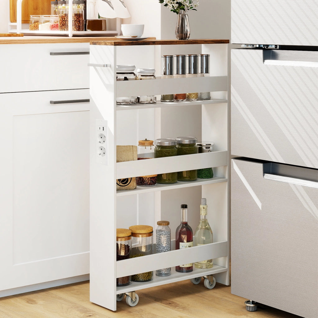 Carrello da cucina 4 ripiani con stazione di ricarica maniglia e parapetti-Scaffale stretto a sfilo con ruote bloccabili per cucina  Bianco e marrone