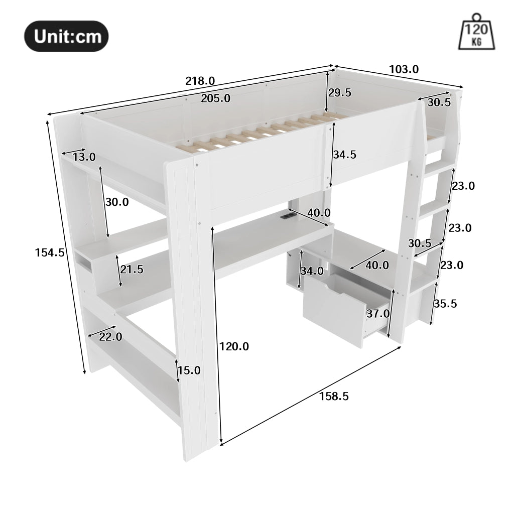 Hochbett bianco in pino con scrivania led e cassetti 90x200 cm