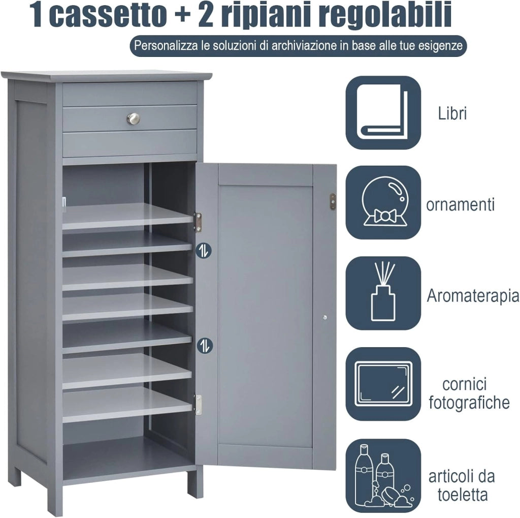 Mobile Bagno, Armadietto Salvaspazio con Cassetto e 2 Ripiani Regolabili, Mobiletto Multiuso in Legno per Soggiorno, Camera da letto e Ufficio, 36 x 30 x88cm (Grigio)