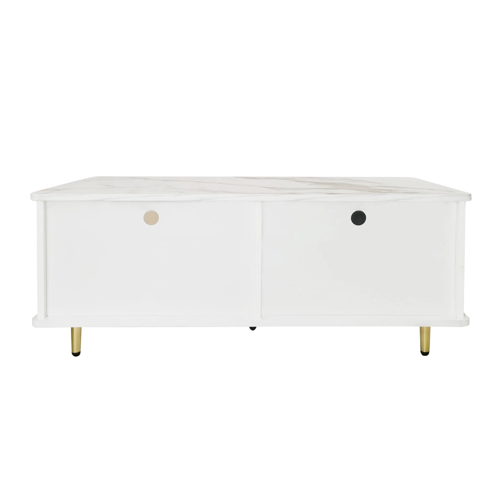 Tavolino da Caff¨¨ con 2 Cassetti e 2 Ante; LED Multicolore; Vetro Temperato Marrone; Effetto Marmo; in Pannello Truciolare; Bianco; 100¡Á50¡Á40 cm