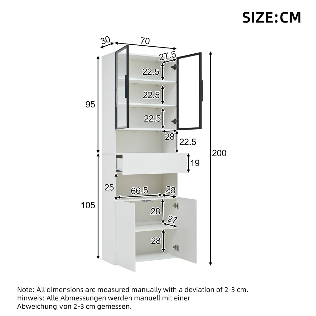 Vetrina con 2 ante in vetro, 1 cassetto, 2 vani aperti e LED, per soggiorno, in truciolare, bianco, 70 × 30 × 200 cm