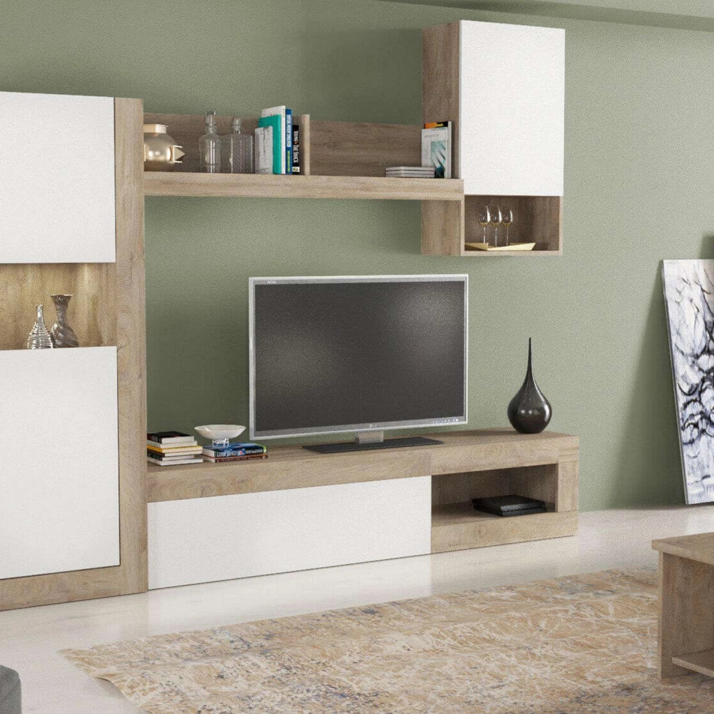 Parete attrezzata soggiorno di colore Bianco e Rovere chiaro mod. Roomy