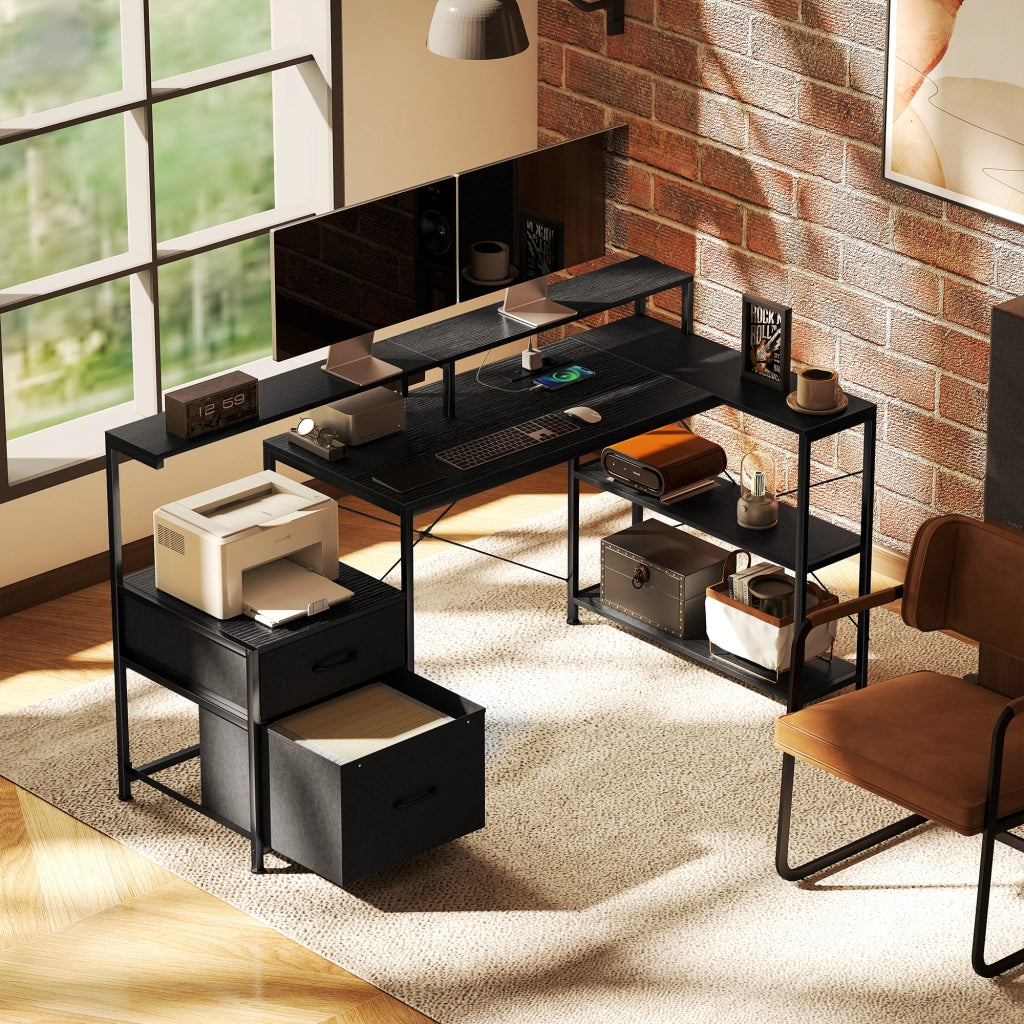 Scrivania da Gaming 165x80x91,5 cm con Spazi Portaoggetti e 2 Supporti per Monitor in Legno e Acciaio Nero