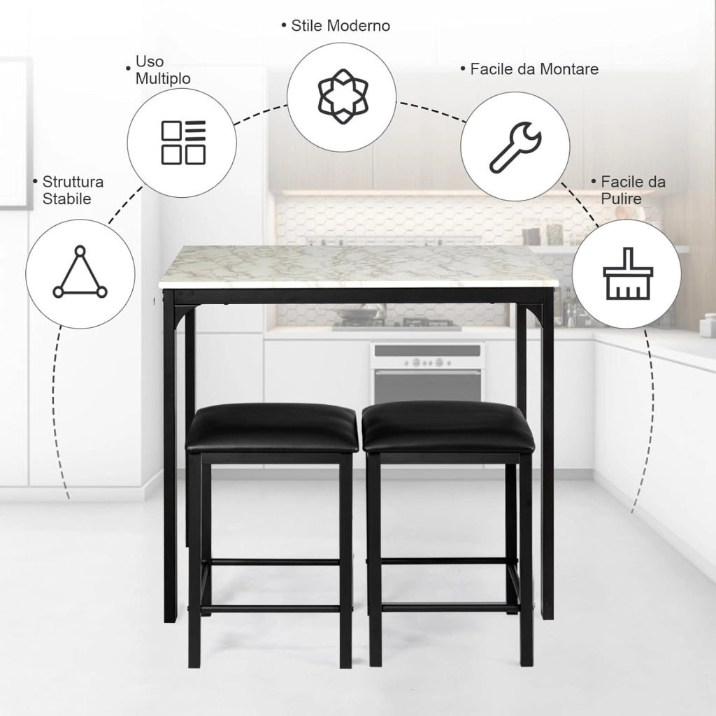 Tavolo Cucina con 2 Sgabelli, Tavolo Alto con 2 Sgabelli Senza Schienale in Similpelle da Cucina, Sala da Pranzo e Soggiorno, Tavolo Bar con Sgabelli Moderno per Spazi Piccoli (Nero)