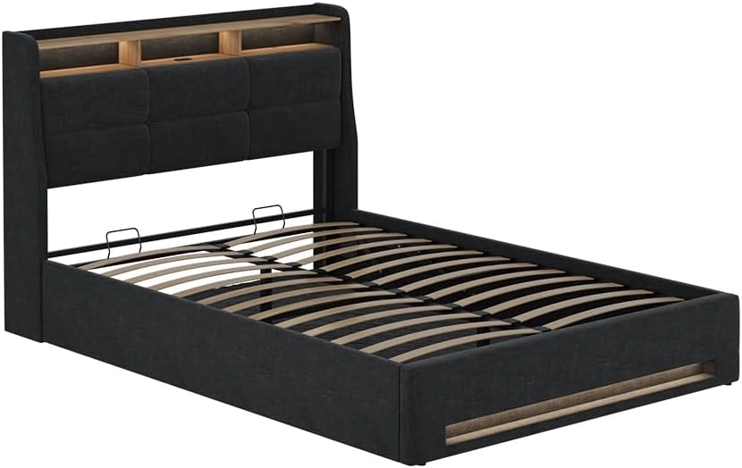 Letto imbottito Christin, Antracite/quercia, con LED e connessione USB, con rete a doghe, funzione pieghevole e base letto integrata