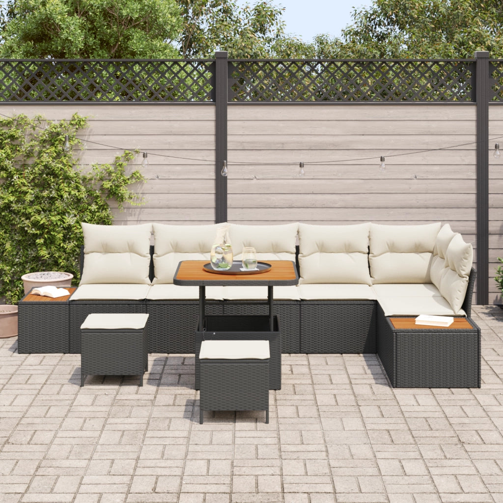 Set Divani Giardino 9 Pezzi con Cuscini Rattan Poly Nero Acacia