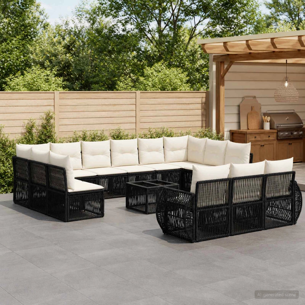 Set Divano da Giardino 14 pz Nero e Bianco Crema polyrattan 3435571
