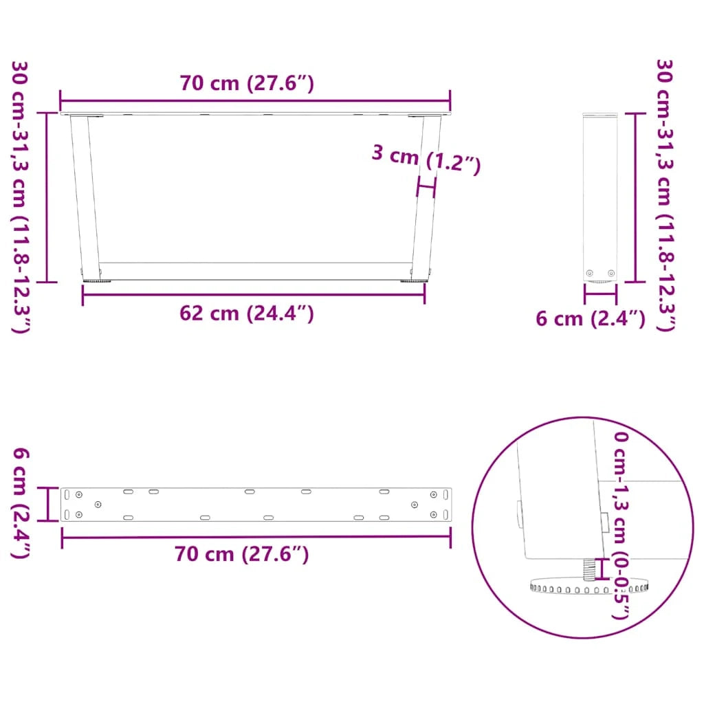 Set di 2 gambe per tavolino da caffè a forma di V per un tavolo moderno da 70 x 31 cm con guide regolabili in acciaio nero 02_0056904