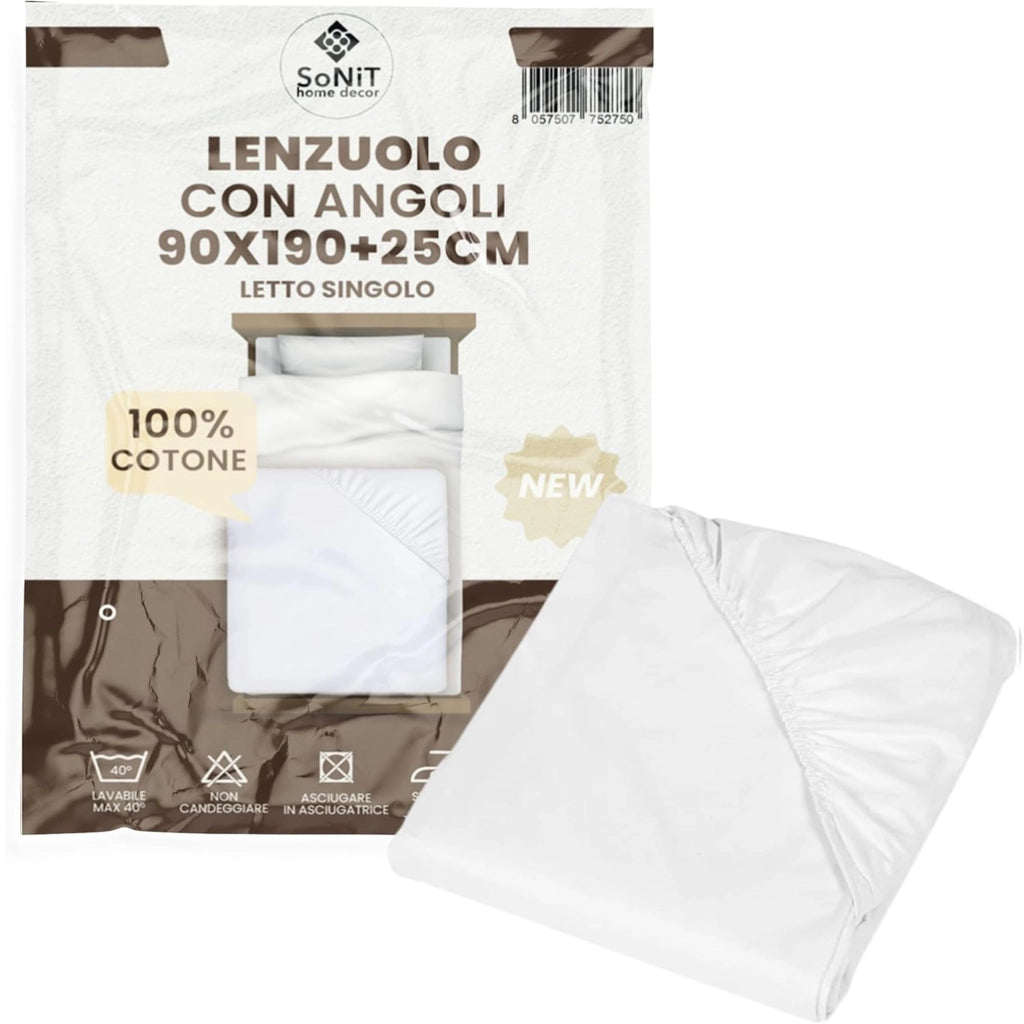 SONIT - Lenzuolo con Angoli Bianco - Lenzuolo con Angoli Cotone Traspirante - Lenzuola Facile da Lavare Misura: SINGOLO