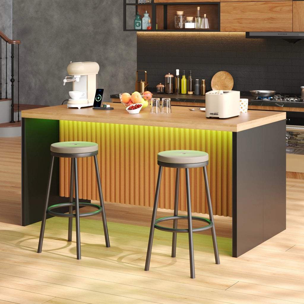Mobile cucina con LED, 2 prese e 2 USB, piano da 40 mm, per cucina aperta, in MDF nero e naturale 155 × 80 × 90 cm