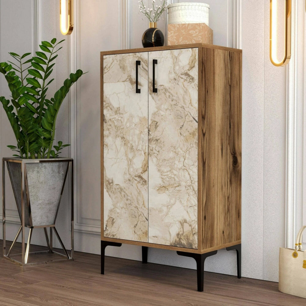 Scarpiera Axarix, Mobile portascarpe, Armadio da ingresso multiuso, Mobiletto per calzature, 60x35h111 cm, Noce e Bianco Marmo
