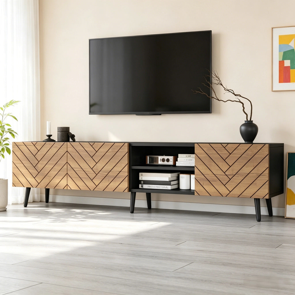 Cassettiera per TV Natural+Black in truciolato lunga 180 cm