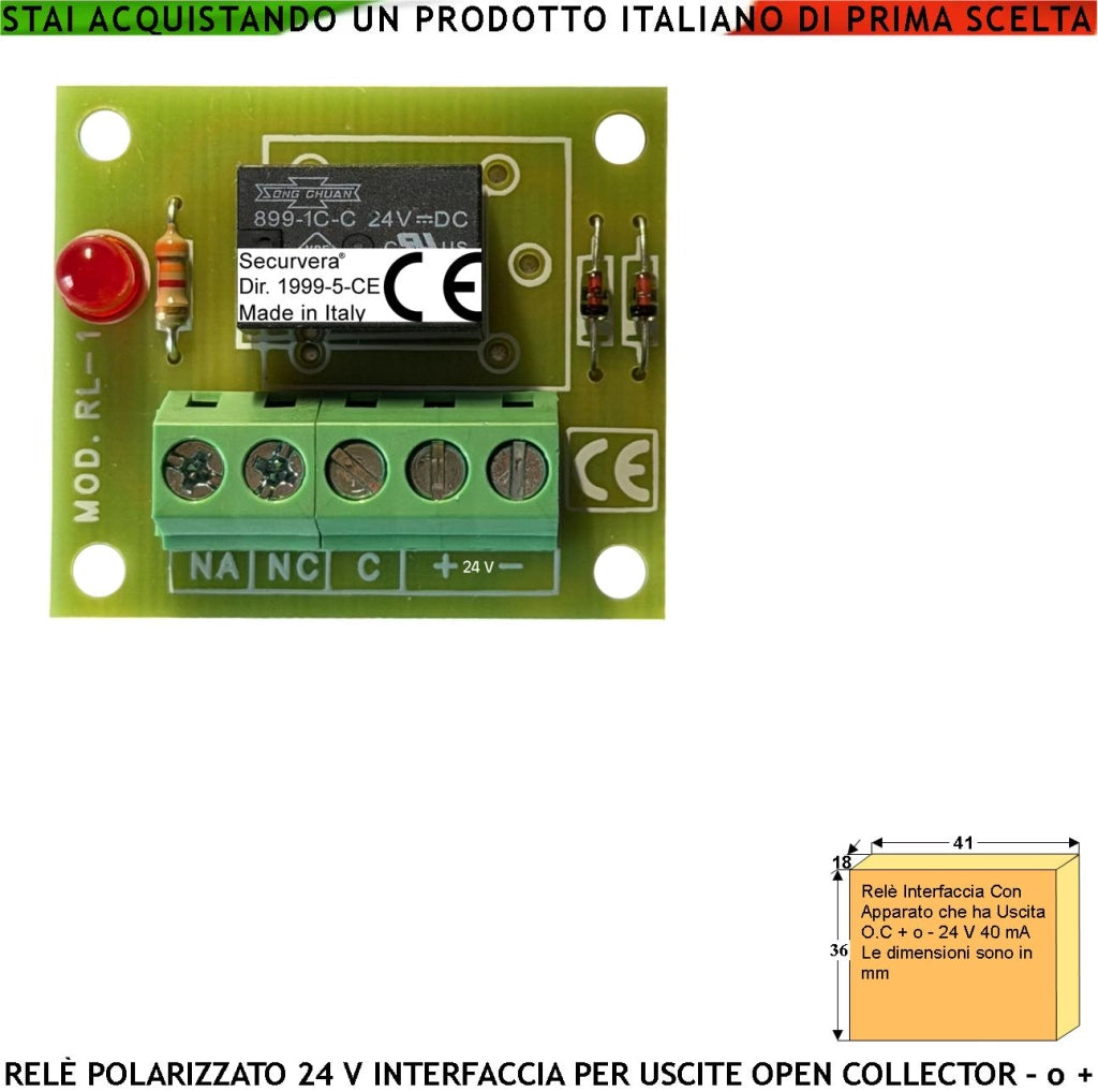 Relè Interfaccia Per Circuiti Con Uscita Open Collector +/- 24 Vdc 40 mA Led Avviso Scambio 2 A a 30 V Carico Resistivo Utile Disaccoppiatore Evita Effetto Ratio e Fornisce un Uscita Contatto Libero