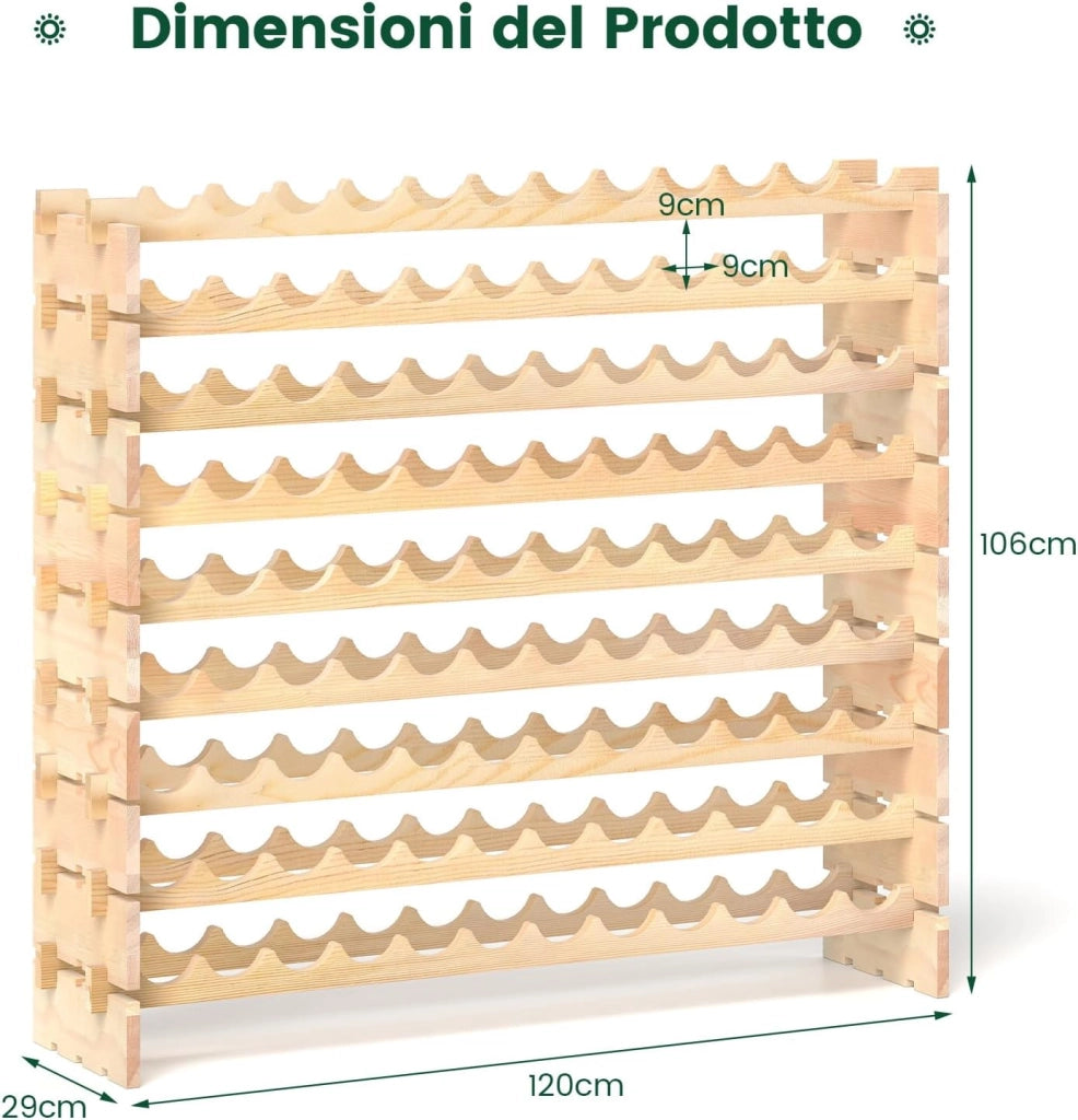 Portabottiglie di Vino da 9 Livelli per fino a 108 Bottiglie, Cantinetta Portabottiglie di Vino in Legno di Pino Naturale, Scaffale Espositivo da Pavimento per Vino da Bar (120 x 29 x 106 cm)