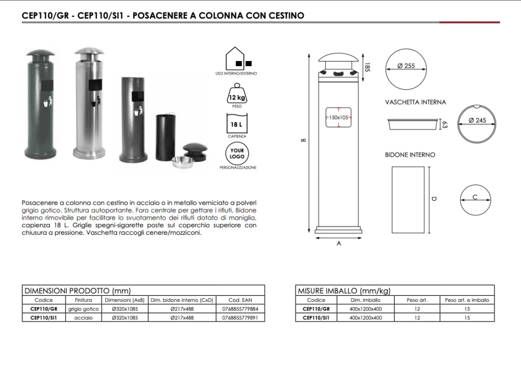 Cestino autoportante con posacenere a colonna e coperchio - Silver