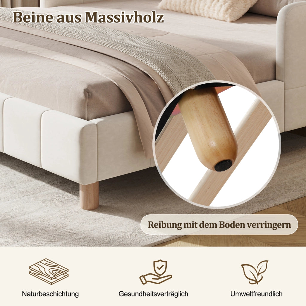 Letto per bambini 140 × 190 cm con testiera imbottita, barriere di sicurezza e tasche, senza materasso, in velluto beige
